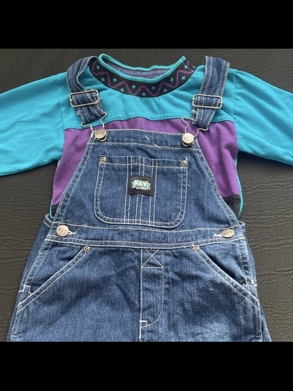 Vintage KEY Denim Blue Kids Denim Overalls with Teal & Purple Top